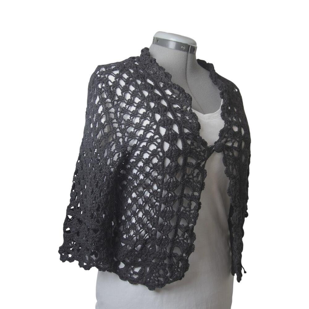 Crochet Jacket XL Curio Black Open Front Cardigan Cottagecore Boho EUC